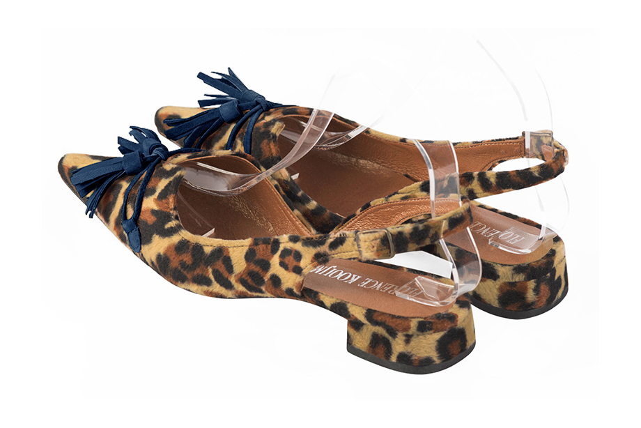 Women's animal print and navy blue elegant slingback heels, with a bow on the front. Pointed toe. Flat flare heels - Rear view